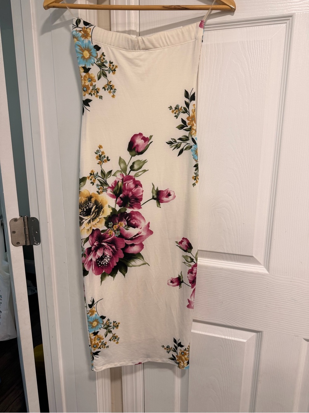 Black Bead Cream Strapless Midi Dress with Pink & Blue Floral Print - Picture 2 of 3